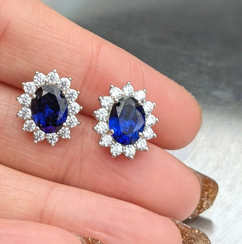 Real Blue Sapphire Stud Earrings With Halo Princess Diana Blue Sapphire 8x6mm oval studs Women Birthday gift Something Blue Bridal Jewelry 画像 7