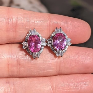 Real Pink Sapphire Stud Earrings 6x8mm Oval Cut With Baguette Halo Sterling 14k Pink Sapphire For Women's Birthday Gift Mother's day gift image 8