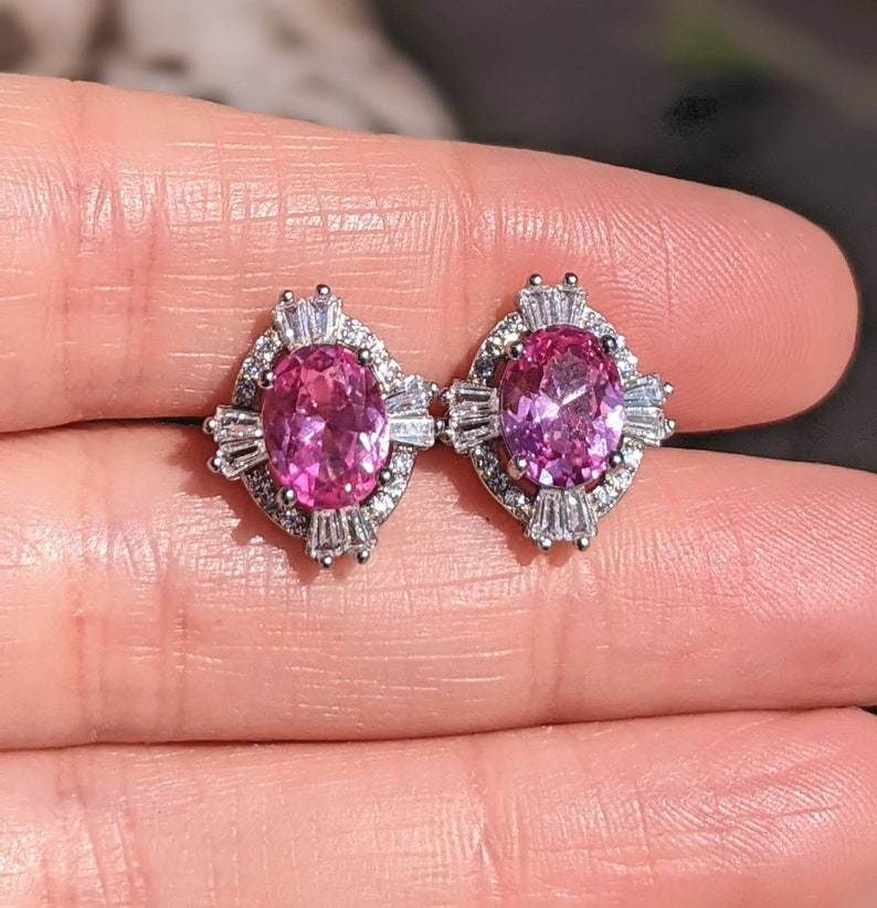 Real Pink Sapphire Stud Earrings 6x8mm Oval Cut With Baguette Halo Sterling 14k Pink Sapphire For Women's Birthday Gift Mother's day gift image 8