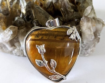 Vintage Heart Tigers Eye Pendant: Sterling Silver Rose Design