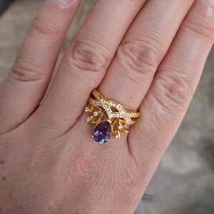 Russian Pulled Alexandrite Ring 14K Gold Statement Piece Teardrop Gem with Diamond Accents Luxurious Color-Changing Jewelry Her Christmas image 4