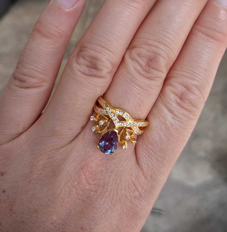 Russian Pulled Alexandrite Ring 14K Gold Statement Piece Teardrop Gem with Diamond Accents Luxurious Color-Changing Jewelry Her Christmas image 4