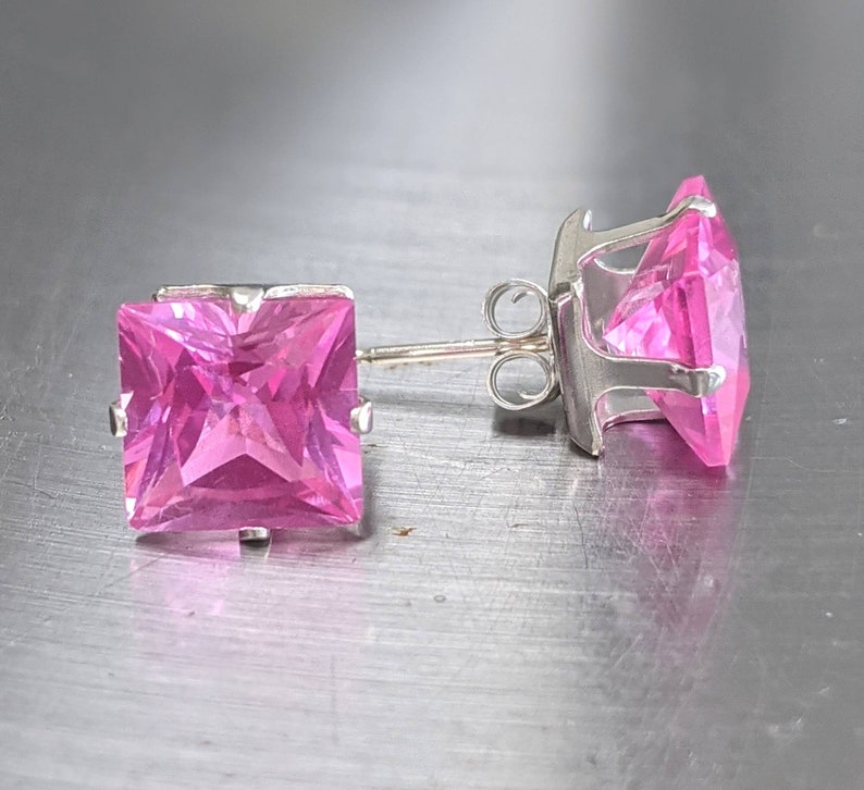 Real Pink Sapphire Stud Earrings. Pink Sapphire Earrings 8mm Silver or solid gold Women's Birthday Gift 6ct Genuine Gemstone Jewelry 画像 5