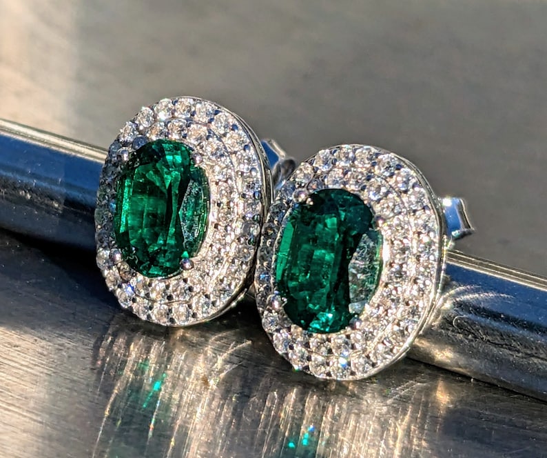 Zambian Emerald Stud Earrings With Double Halo 5x7mm .80ct Oval Cut African Emerald Earring For Her Birthday Gift Valentines Gift May image 7