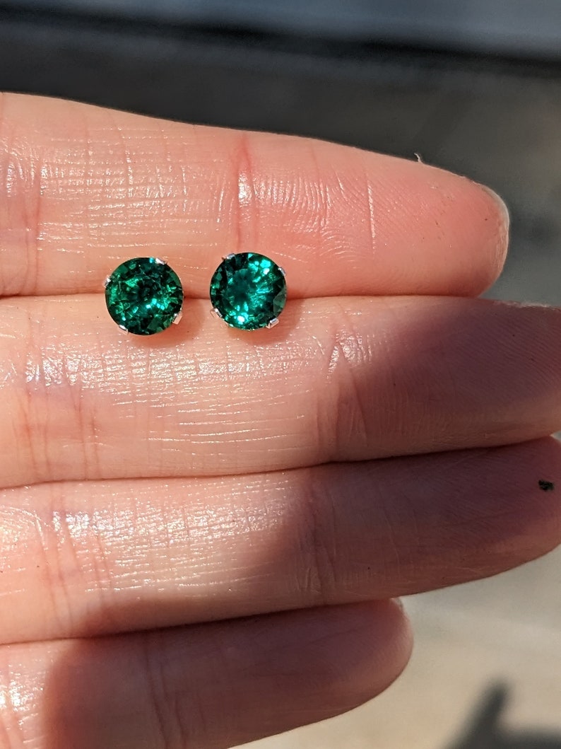 Dark Zambian Emerald Stud Earrings 6mm Round Stud Emerald Earrings Hydrothermal Emerald Studs Earrings For Her Birthday Gift Valentine's zdjęcie 8