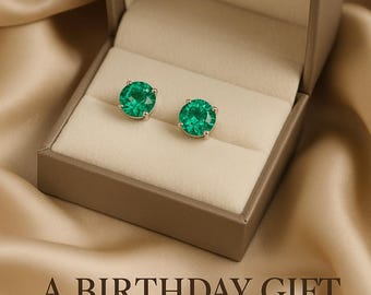 6mm Colombian Emerald Stud Earrings: Sterling Silver or 14k Gold