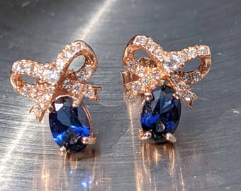 Real Blue Sapphire Stud Earrings With Paved Bow Stud Earrings Blue Sapphire Earrings 5x7mm Rose Gold Womens Birthday Gift Anniversary