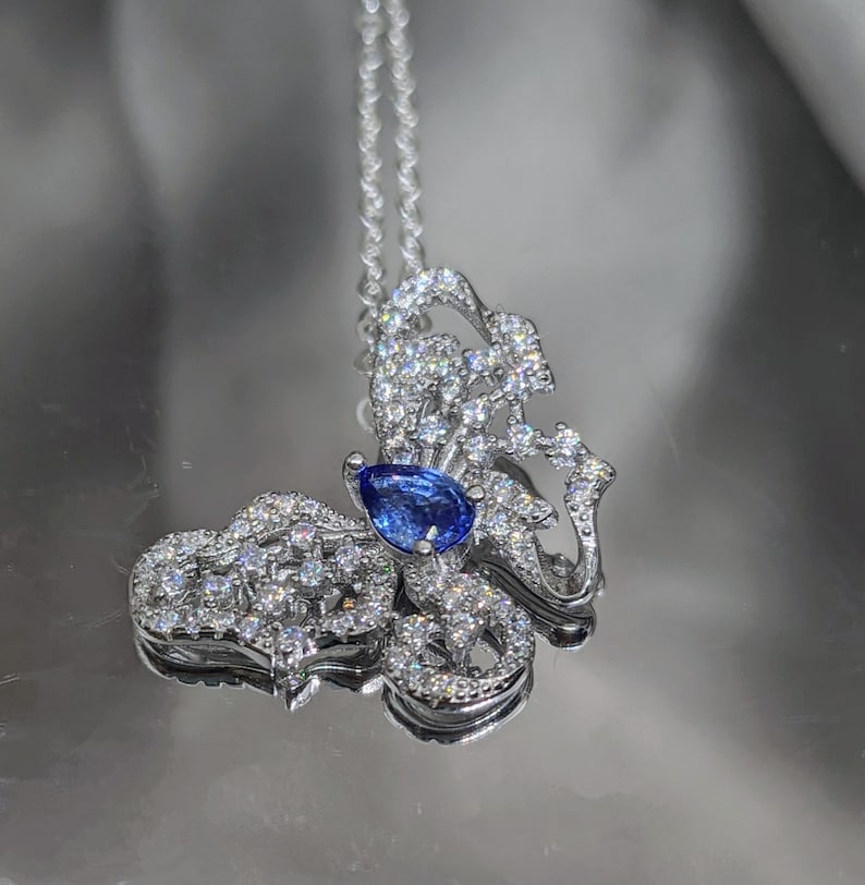 Natürliche blaue Saphir Halskette 14K Gold Diamant besetzt Blauer Schmetterling Anhänger Teardrop Natürlicher blauer Saphir Elegantes Schmuck Geschenk für Sie Bild 7