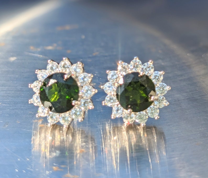 Natural Chrome Diopside Stud Earrings With Halo 7mm Round Cut Sparkling Chrome Diopside Studs For Her Birthday Valentines Gift Genuine Gem image 2