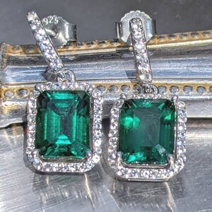 Real Emerald Earrings With Halo For Womens Birthday Gift 9x7mm 2.60ct Emerald Cut hydrothermal Emerald Drop Earrings Sterling Bridal Gift image 7