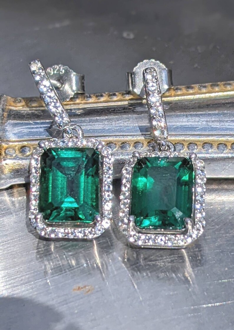 Real Emerald Earrings With Halo For Womens Birthday Gift 9x7mm 2.60ct Emerald Cut hydrothermal Emerald Drop Earrings Sterling Bridal Gift image 7