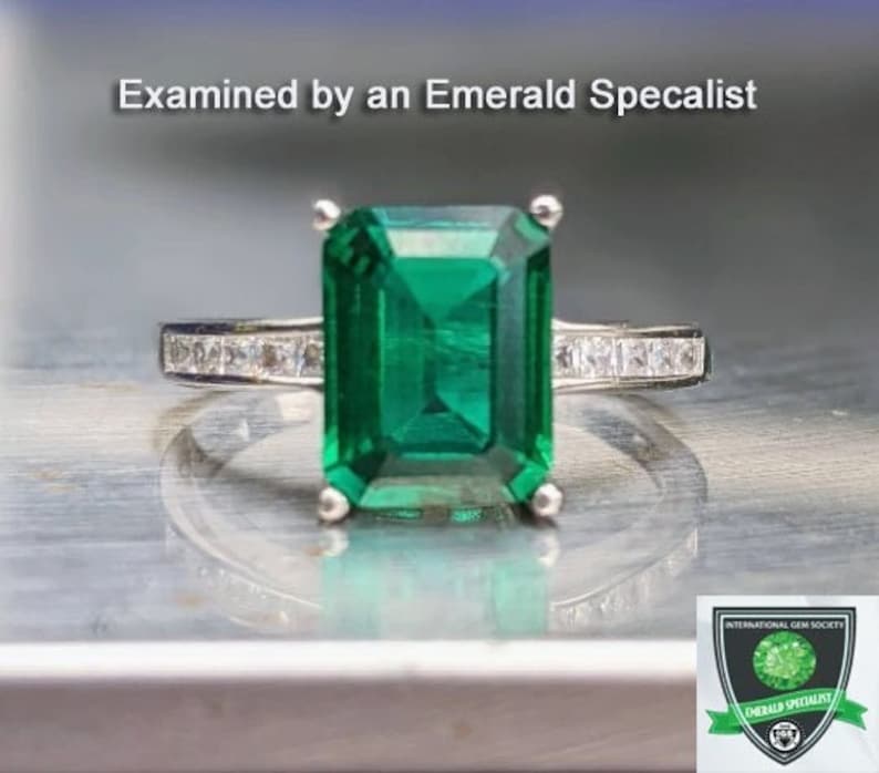 Zambian Emerald Ring 8x6mm 2.60ct Emerald Cut Vintage Dark Emerald Engagement Ring With Paved Band For Women's Birthday Gift Bridal Gift image 1