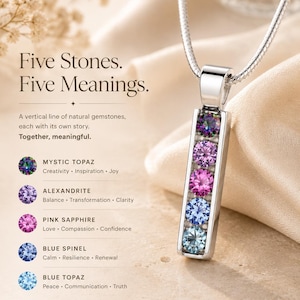 May include: A sterling silver pendant necklace featuring five colorful gemstones: mystic topaz, alexandrite, pink sapphire, blue spinel, and blue topaz. The gemstones are set vertically in a rectangular silver frame, suspended from a delicate chain.
