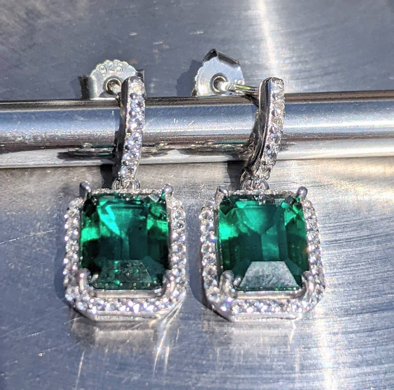 Real Emerald Earrings With Halo For Womens Birthday Gift 9x7mm 2.60ct Emerald Cut hydrothermal Emerald Drop Earrings Sterling Bridal Gift image 5