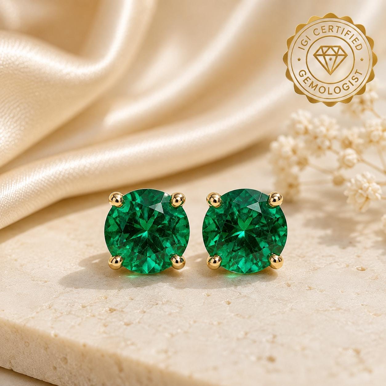 ザンビア産エメラルド 穂のピアス 6mm Zambian Emerald Stud Earrings, Round Hydrothermal Emeralds