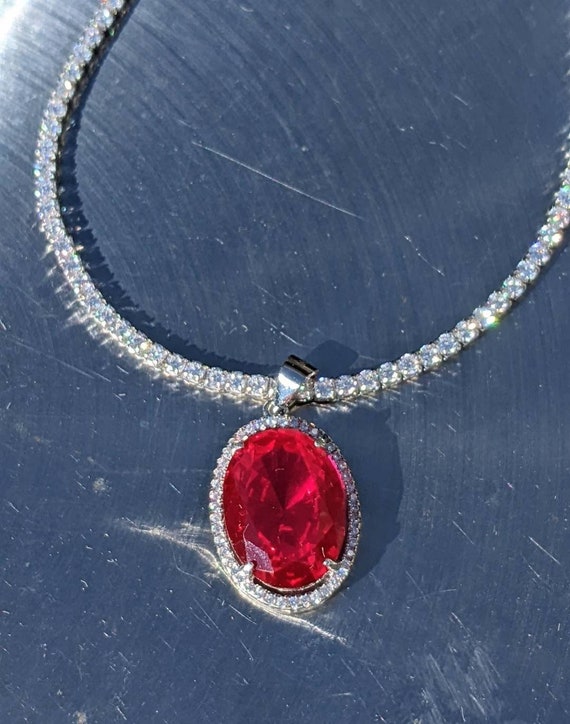 Sterling Silver Red Ruby Halo Oval Pendant