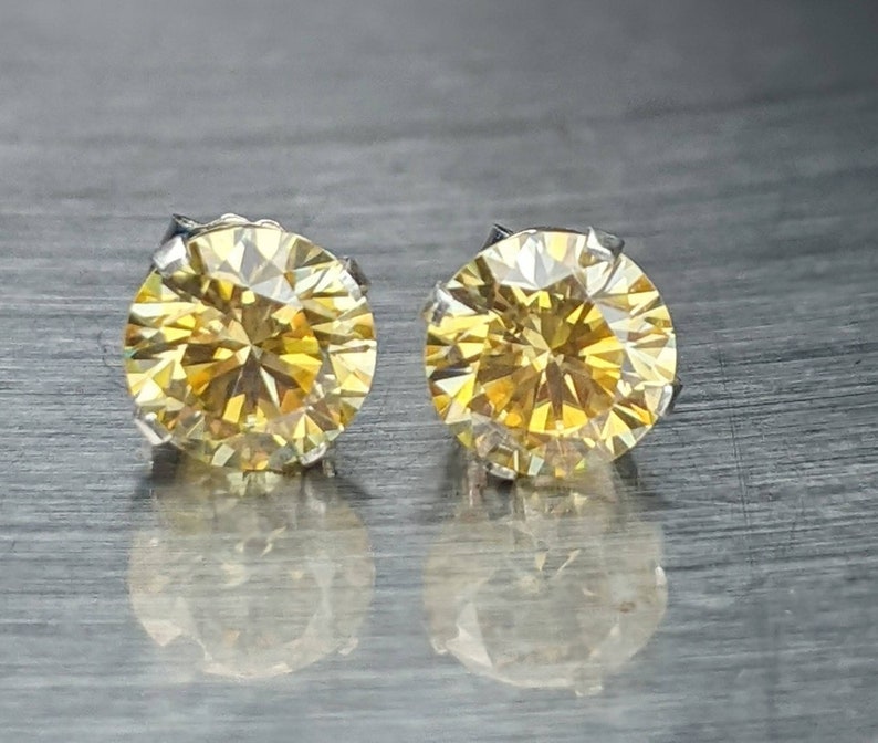 Certified light Yellow Real Moissanite Earrings Silver or Gold Round Cut 6mm 2ct Stud Earrings Birthday Gift Man or Women Diamond Earrings image 1