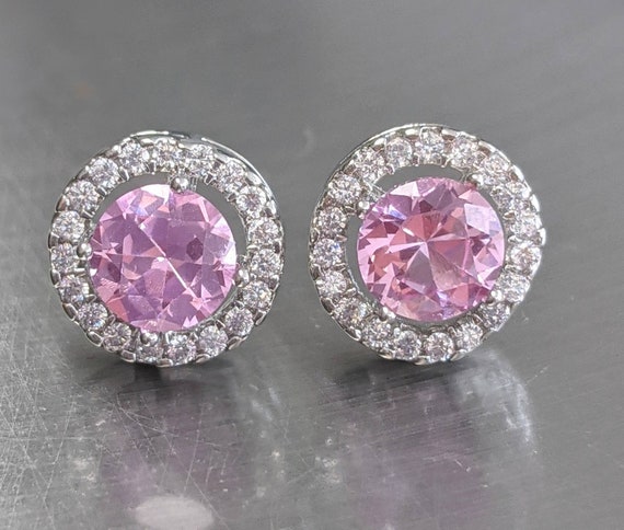 Pink Sapphire Stud Earrings: 6mm Lab-Created Gemstone, CZ Halo