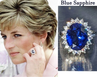 Anillo réplica de la princesa Diana - Zafiro azul de 5 qt con halo de diamantes - Anillo de compromiso real inspirado - Joyería nupcial vintage - Para ella