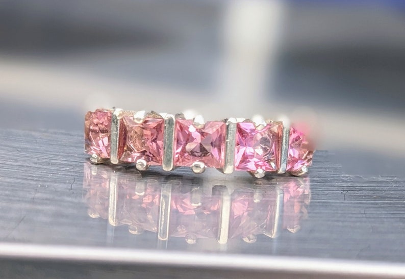 Natural Pink Tourmaline Ring Mother's Style 4mm Ring Princess Cut Infinity Band Genuine Tourmaline Ring For Womens Birthday Gift October image 5