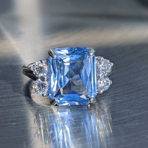 Real Aquamarine 4.80ct Ring With Moissanite Princess Diana Inspired Aquamarine Ring Emerald Cut Sterling Or Solid Gold For Her Anniversary image 5