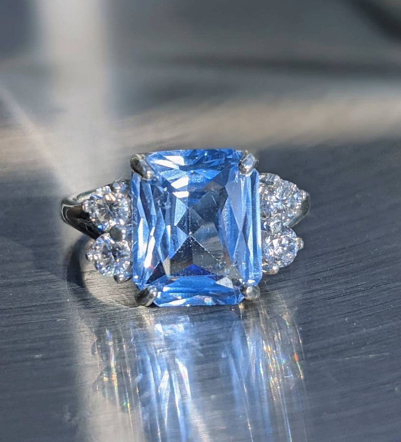 Echter Aquamarin 4.80ct Ring mit Moissanit Prinzessin Diana inspiriert Aquamarin Ring Smaragdschliff Sterling oder Massivgold für ihren Jahrestag Bild 5