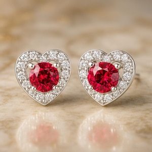 Ruby Heart Studs Gold Halo Diamond Style Jewelry Gift Valentine Her July Birthstone Stud Earrings Romantic Anniversary Present Red Gemstone