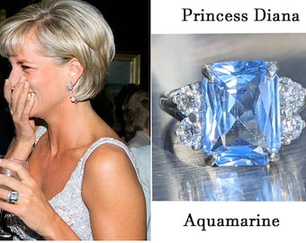 Real Aquamarine 4.80ct Ring With Moissanite Princess Diana Inspired Aquamarine Ring Emerald Cut Sterling Or Solid Gold For Her Anniversary