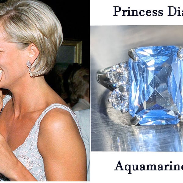 Real Aquamarine 4.80ct Ring With Moissanite Princess Diana Inspired Aquamarine Ring Emerald Cut Sterling Or Solid Gold For Her Anniversary