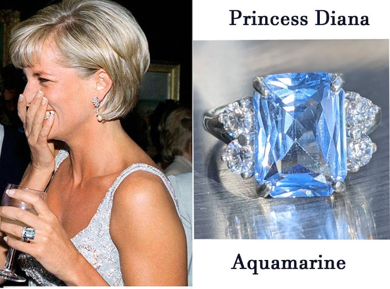 Echter Aquamarin 4.80ct Ring mit Moissanit Prinzessin Diana inspiriert Aquamarin Ring Smaragdschliff Sterling oder Massivgold für ihren Jahrestag Bild 1