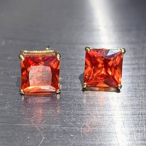 Real Padparadscha Sapphire Stud Earrings 6mm Princess Cut Solid 14k Gold Orange Sapphire Stud For Womens birthday gift genuine gemstone image 2