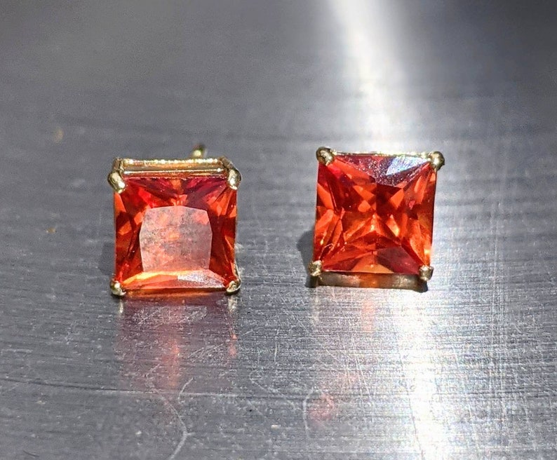 Real Padparadscha Sapphire Stud Earrings 6mm Princess Cut Solid 14k Gold Orange Sapphire Stud For Womens birthday gift genuine gemstone image 2