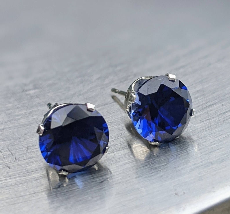 Pendientes de zafiro azul real de 4 ct, 8 mm de corte redondo de ley o tachuelas de zafiro azul de oro de 14 k para mujer, regalo de cumpleaños, certificado de aniversario imagen 5