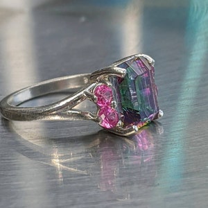 Mystic Topaz Ring With Pink Sapphire Stunning Emerald Cut 14k or Sterling Large Cocktail Ring Natural Gemstone Jewelry For Her Birthday gift zdjęcie 5