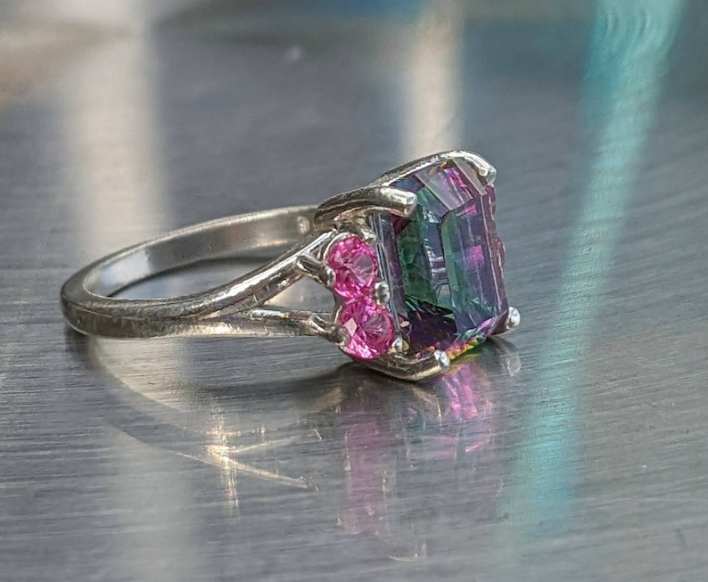 Mystic Topaz Ring With Pink Sapphire Stunning Emerald Cut 14k or Sterling Large Cocktail Ring Natural Gemstone Jewelry For Her Birthday gift zdjęcie 5