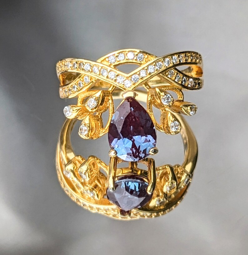 Russian Pulled Alexandrite Ring 14K Gold Statement Piece Teardrop Gem with Diamond Accents Luxurious Color-Changing Jewelry Her Christmas image 6