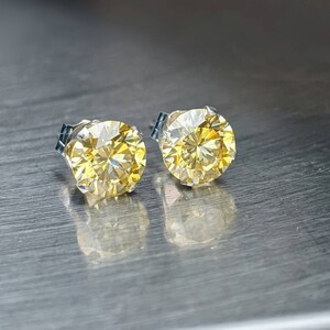 Certified light Yellow Real Moissanite Earrings Silver or Gold Round Cut 6mm 2ct Stud Earrings Birthday Gift Man or Women Diamond Earrings image 5