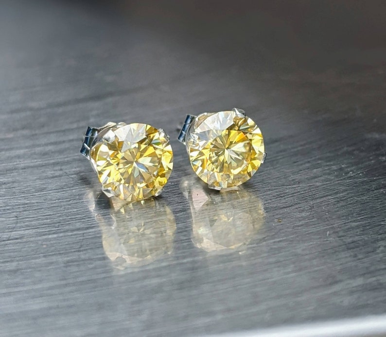 Certified light Yellow Real Moissanite Earrings Silver or Gold Round Cut 6mm 2ct Stud Earrings Birthday Gift Man or Women Diamond Earrings image 5