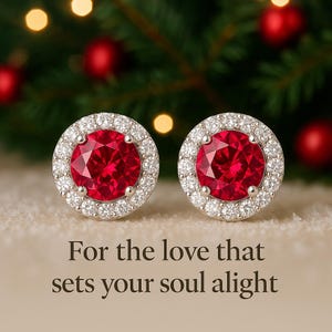 Aretes de rubí de Birmania, roseta con halo de diamantes, aretes de oro o plata de 14 k, joyería nupcial de lujo, regalo para ella