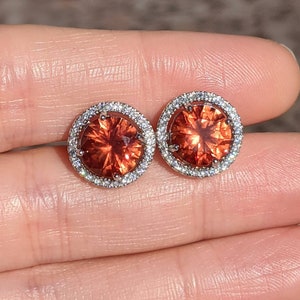 Real Padparadscha Sapphire Stud Earrings 8mm Round Cut Sterling Silver Orange Sapphire Studs With Halo For Womens Birthday Christmas Gift image 7