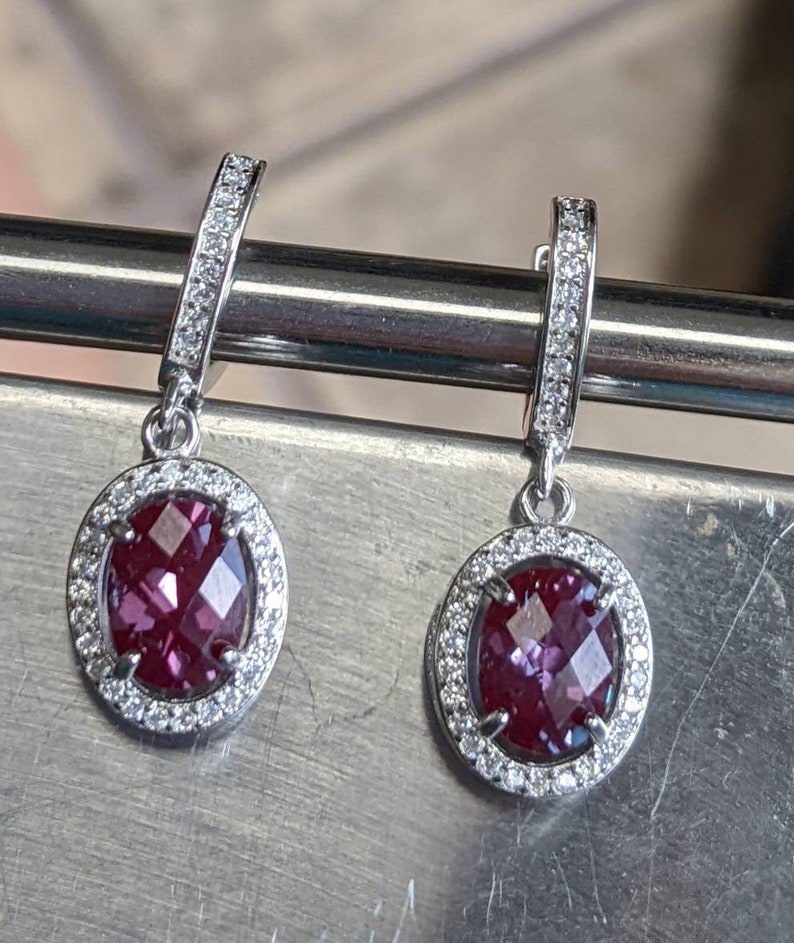 Real Color Changing Alexandrite Lever Back Earrings Russian Pulled True Color Change Alexandrite Oval Checkerboard Cut Earrings with halo image 5