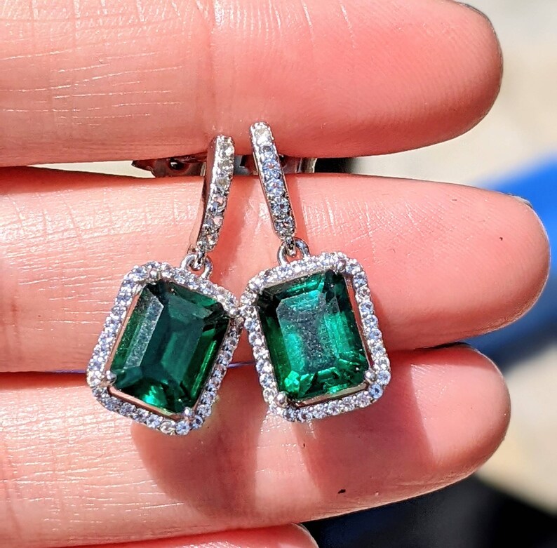 Real Emerald Earrings With Halo For Womens Birthday Gift 9x7mm 2.60ct Emerald Cut hydrothermal Emerald Drop Earrings Sterling Bridal Gift image 8