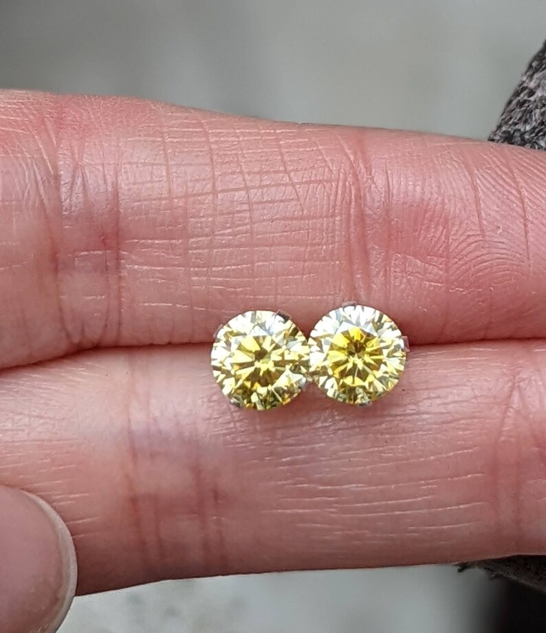 Certified light Yellow Real Moissanite Earrings Silver or Gold Round Cut 6mm 2ct Stud Earrings Birthday Gift Man or Women Diamond Earrings image 6