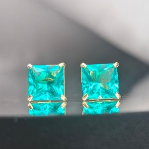 Colombian Emerald Stud Earrings With Lab Certificate 7mm Princess Cut Stud Earrings Silver Or 14k Emerald Earrings For Her Birthday Gift 画像 5