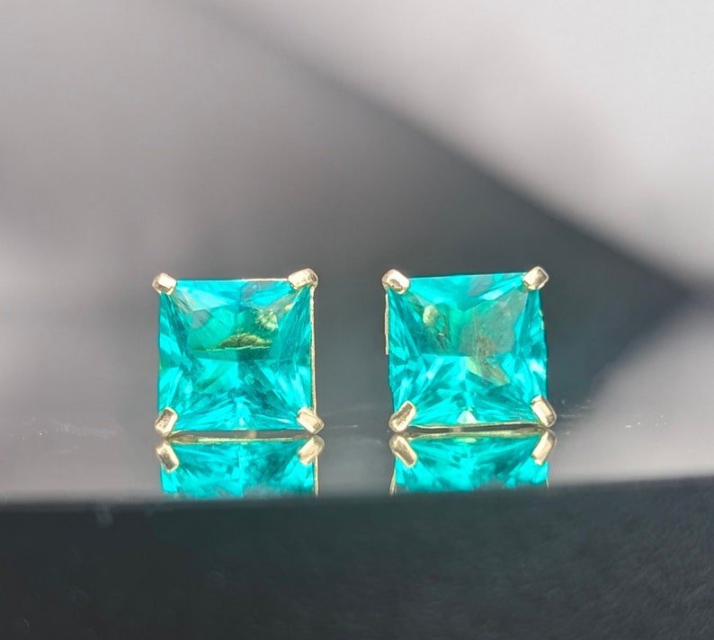Colombian Emerald Stud Earrings With Lab Certificate 7mm Princess Cut Stud Earrings Silver Or 14k Emerald Earrings For Her Birthday Gift 画像 5