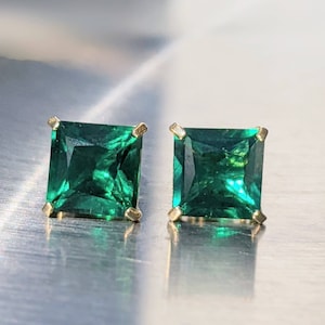 Zambian Emerald Stud Earrings 7mm 1.90ct Princess Cut For Womens Birthday Gift Emerald Square Earrings For Christmas Gift Bridal Jewelry image 3