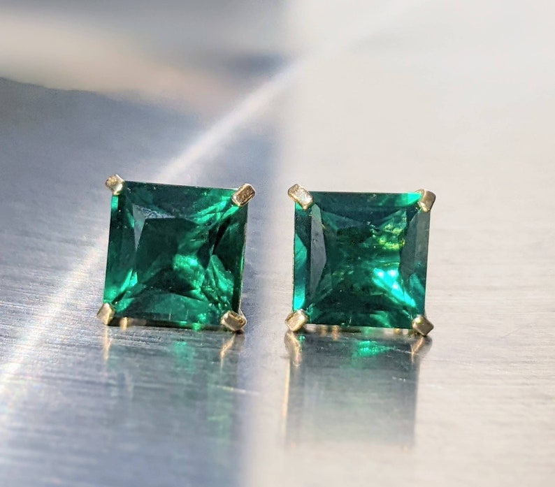 Zambian Emerald Stud Earrings 7mm 1.90ct Princess Cut For Womens Birthday Gift Emerald Square Earrings For Christmas Gift Bridal Jewelry image 3