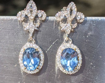 Pendientes de espinela azul con diamante Fluer de Lis Spinel Pendientes elegantes 2.50ct Corte ovalado Pendientes de novia finos ligeros Regalos de cumpleaños para mujeres