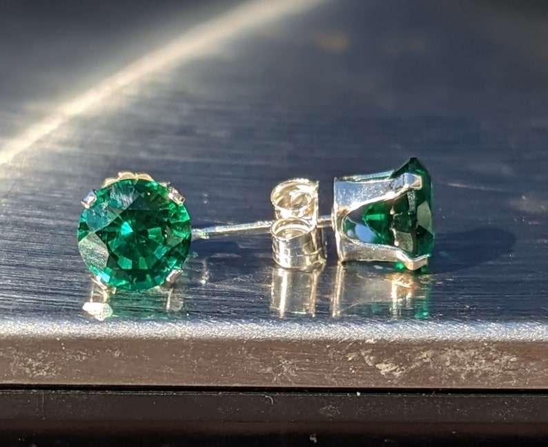 Dark Zambian Emerald Stud Earrings 6mm Round Stud Emerald Earrings Hydrothermal Emerald Studs Earrings For Her Birthday Gift Valentine's zdjęcie 3