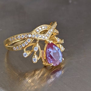 Russian Pulled Alexandrite Ring 14K Gold Statement Piece Teardrop Gem with Diamond Accents Luxurious Color-Changing Jewelry Her Christmas image 2